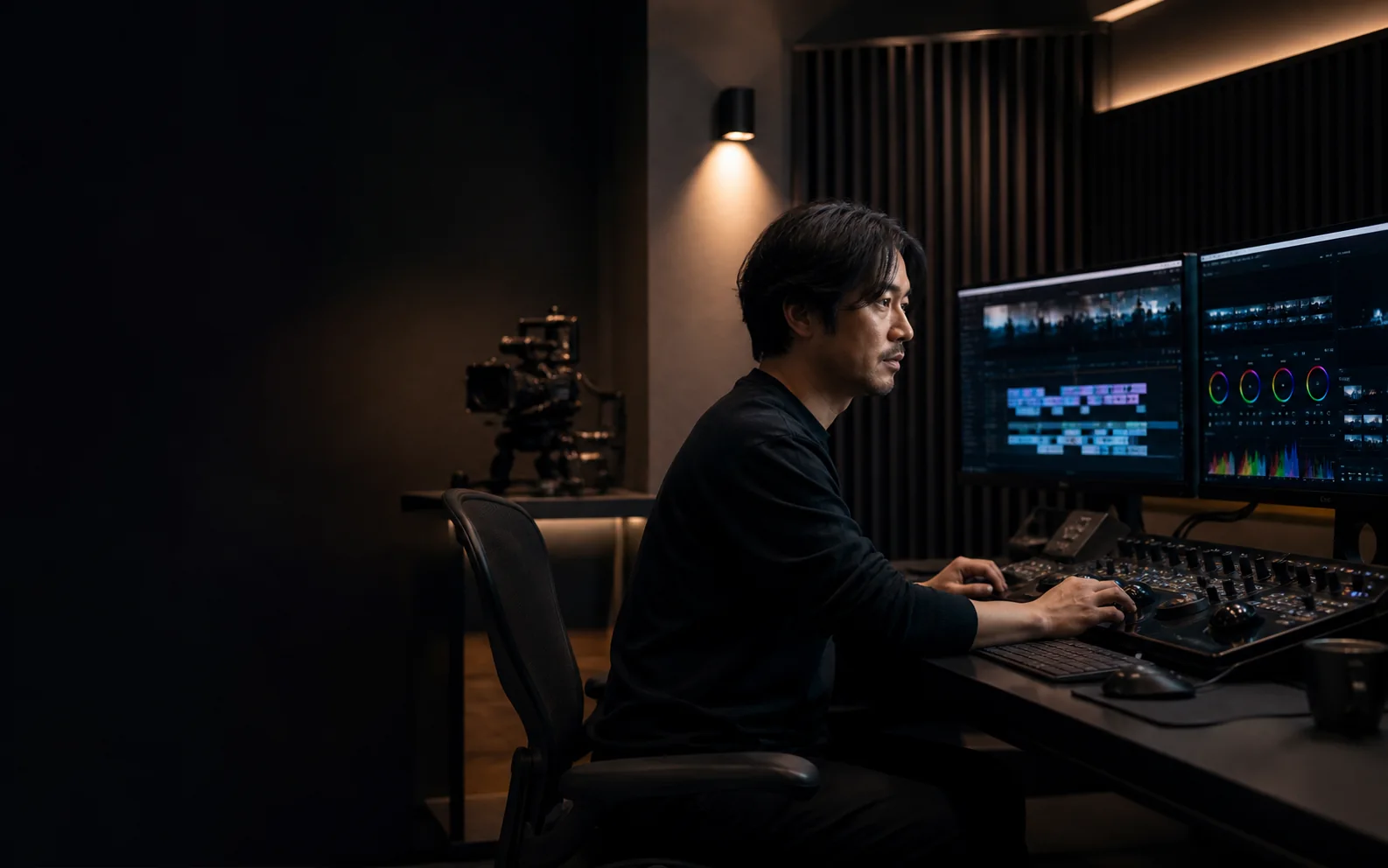 视频剪辑师在专业工作室进行后期制作